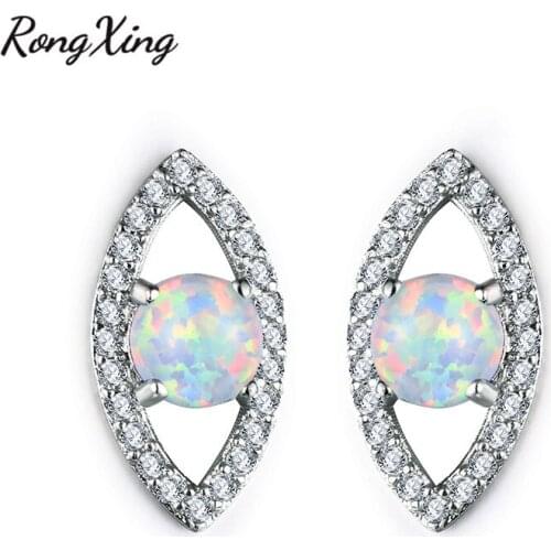 RongXing Round White/Blue Fire Opal Eyes Of Evils Stud Earrings For Women White Gold Filled Zircon Birthstone Earrings Ear0847