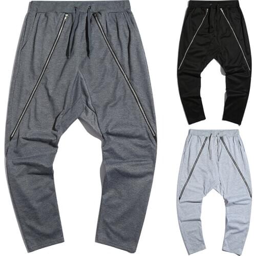 Summer New Fashion Drawstring Pants Oblique Zipper Mens Casual Personality Trousers Sports Pants