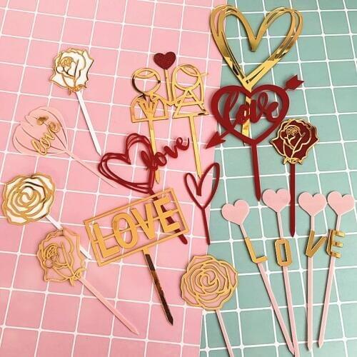 Love Wedding Acrylic Cake Topper Gold Rose Flower Acrylic Cupcake Topper For Wedding Anniversary Party Cake Decorations 2019 New