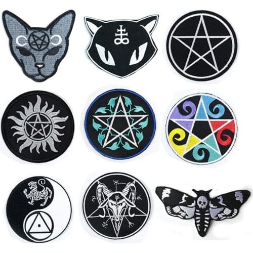 Cartoon Death Shead Moth Butterfly Cat Moon Baphomet Devil Pentagram Gothic Punk Pentacle Satanic Wicca Witch Applique Patches