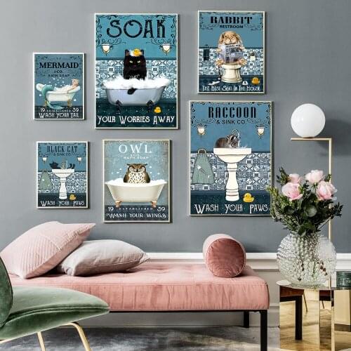 Cat Mermaid Pug Raccoon Panda Giraffe Bathtub Wall Art Print Canvas Painting Nordic Poster Wall Pictures Kids Room Toilet Decor