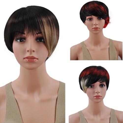 Natural Short Straight Wigs with Bangs Black Mixde Red and Blonde Color Heat Resistant Hair Wigs for Women Daily/Party