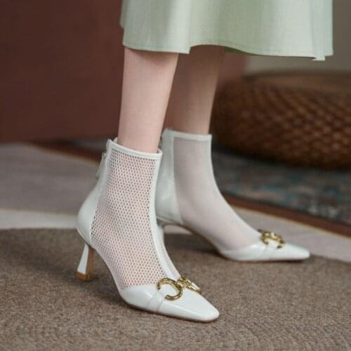 2021 autumn new sandals womens pointed toe stiletto heel zipper pure color temperament mesh boots metal decorative womens shoe