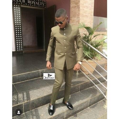 Olive Green Stand Collar Single Breasted Wedding Tuxedos Slim Fit 2 Pieces Groomsmen Wear Peaked Lapel Suit Sets (Jacket+Pants)