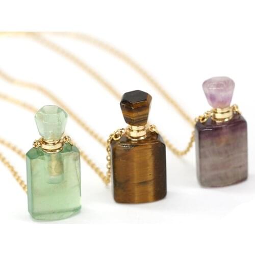 Natural Stone Perfume Bottle Necklace Amethysts Tiger Eye Pendant Charms for Women Elegant Essential Oil Vial Necklaces Jewelry