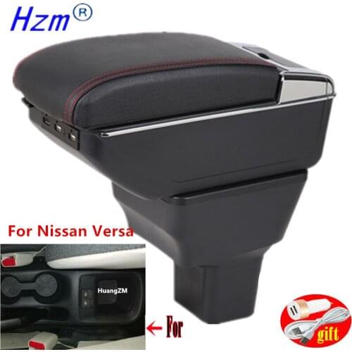 For Nissan Versa Armrest Box Almera 2020 Central Console Storage Box Ashtray Cup Holder PU Leather USB Charging Rotatable LED
