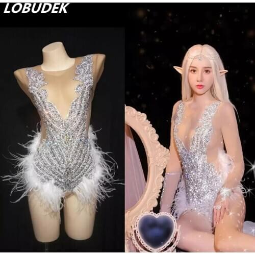 Transparent Mesh Rhinestones White Feather Bodysuit Women Singer DJ Dancer Nightclub Bar Sexy Stage Wear Party Show DS Costume