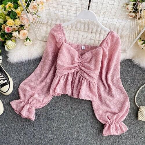 New style off-shoulder waist slimming shirt ruched blouse short chiffon drawstring shirt square collar tops for women