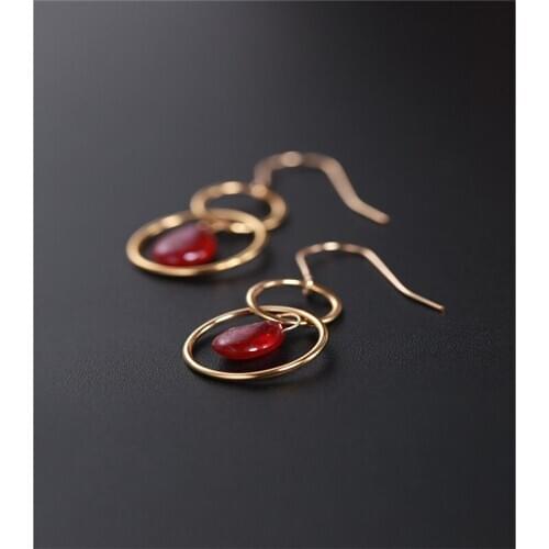 DAIMI Plain Drop Water Ruby Earrings Female Genuine Yellow 14K Gold Injection Earring Gift