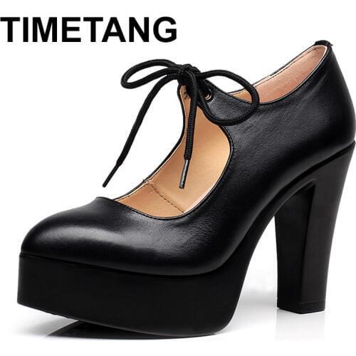 TIMETANGLace Up Heel Block Platform Pumps Women Shoes Genuine Leather 2019 Spring High Heels Office Shoes OL White Wedding Shoe