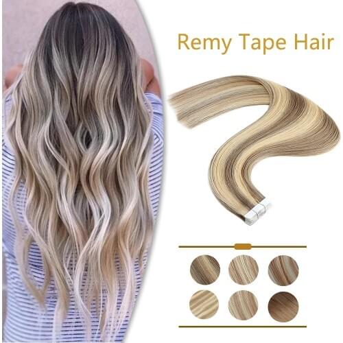 ZURIA Straight Tape in Human Hair Extensions Glue On Hair Balayage Color Invisible Seamless 100% Natural Real Remy Human Hair