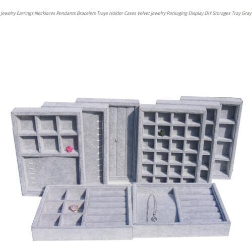 Hot Selling DIY Jewelry Box Drawer Storage Organizer Gray Soft Velvet Jewellery Earring Necklace Pendant Bracelet Tray 9 Options