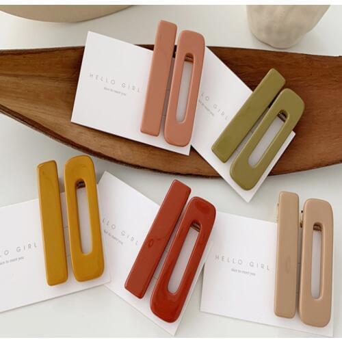1 Set New Fashion Trendy Avocado Color Acrylic Hairpins Korea Geometric Hollow Rectangle Hair Clips for Women Hair Accessories