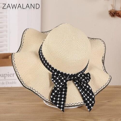 Zawaland Fashion Travel Straw Hats Women Outdoor Beach Hat Anti-UV Sun Caps Grid Bow Pink White Beige Dark Blue Windproof Cap