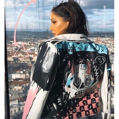 3D Graffiti soft pu leather coats Women cartoon Graffiti Leather Jacket Punk Rock Cropped Jackets faux leather Outerwear F2194
