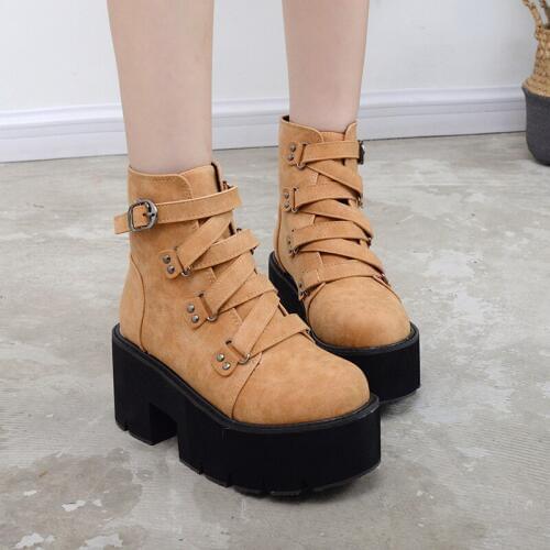 Dropshipping Spring Autumn Ankle Boots Women Platform Rubber Sole Buckle Black Leather PU High Heels Shoes Woman Comfortable