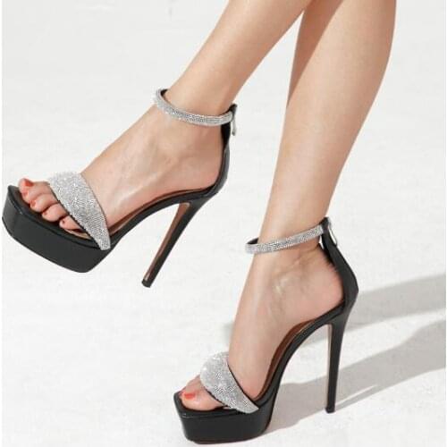 Woman Fashion Black White Leather Bling Sliver Crystal Sequins 11/13 CM Thin Heels Sandals Open Toe Platform Shoes Small Size 33