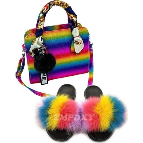 Women Real Fox Fur Slippers Colorful Jelly Handbag With Fluffy Plush Furry Sandals Female Matching Bag Party Slides Purses Set