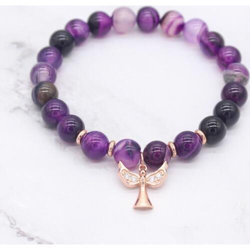Rose Gold Angel Shape Pandent Charm Bracelet for Women 8mm Purple Natural Stone Beads Bracelets & Bangles MBR180261