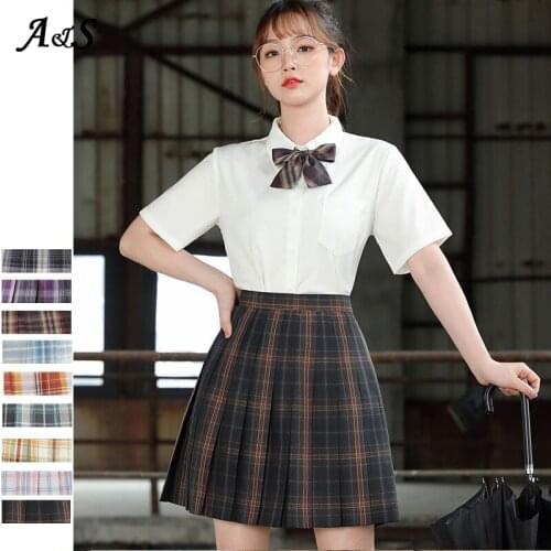 Anbenser Women 2 Piece Set Top Skirt High Waist Mini Pleated Plaid Skirts Vintage Short Long Sleeve Bloues Suit streetwear