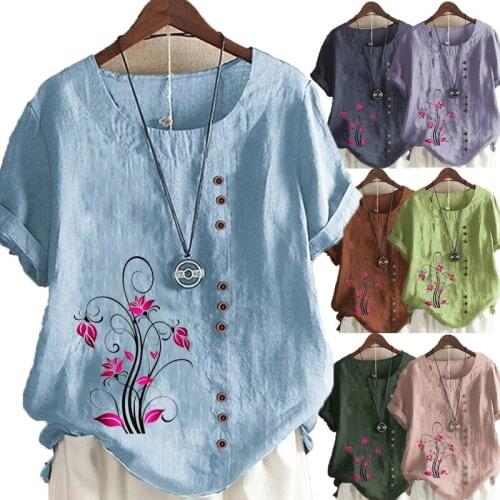 Womens Summer New Fashion O-neck Flower Print Short-sleeved Top Loose Linen T-shirt Casual Top S-5XL