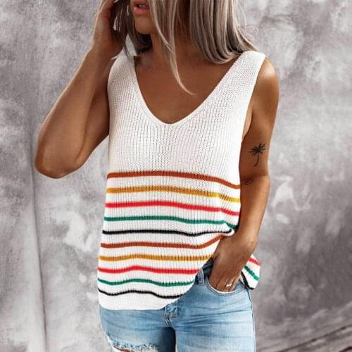 Knitted Vests Women Tops Casual V Neck Stripe Tank Female Sleeveless Loose Pullover Tops 2021 Summer Knit Casual Camis Plus Size