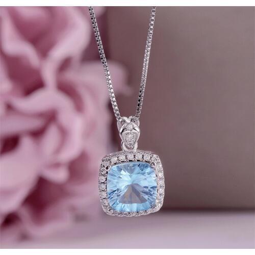 100% Natural Blue Topaz Necklace Pedant For Women Fine Jewelry Square 925 Silver 10*10mm Gemstone Necklaces Accessories CCN003