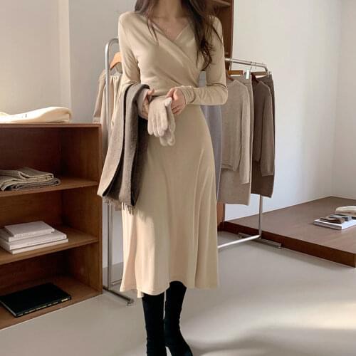 Elegant Cotton Clothing Chic Sweater Dress Women Warm Dresses Thick Casual Woman Autumn Korean Knitted 2021 Solid Winter Vestido