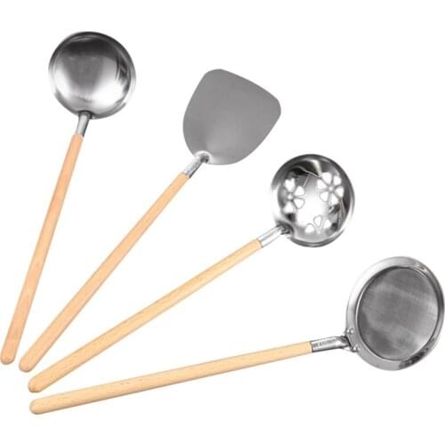 4PCS Stainless Steel Spatula Japanese Style Wooden Handle Small Shovel Soup Spoon Colander Kitchen Cooking Utensils