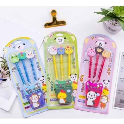 Free shipping 8packs/lot Cartoon With Animal Head Eraser Children Learning Wooden Pencil DIY Office Stationery Christmas Gift