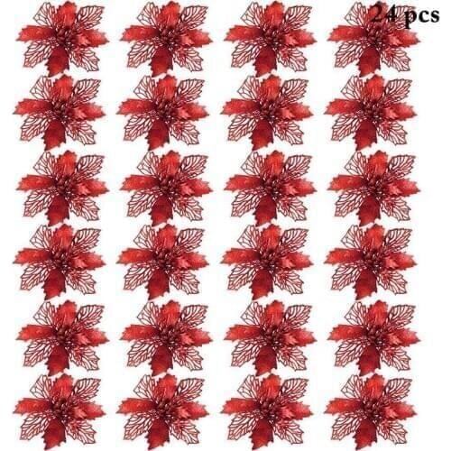 24pcs 16cm Glitter Hollow Artificial Flower for Children Birthday Party Decoration New Year Christmas Decor for Home Navidad