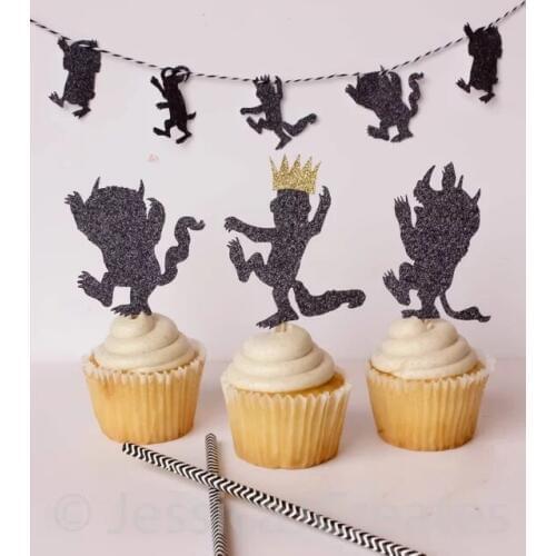 Glitter Where the Wild Things Are Birthday Cupcake Toppers, One year old Cupcake Toppers, baby shower baptism Party Decor