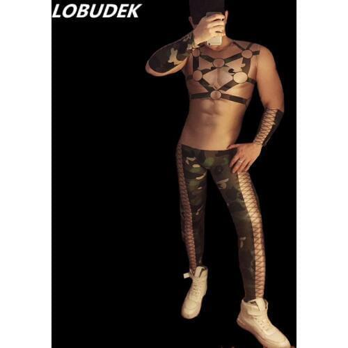 Nightclub Male DJ Singer Sexy Stage Elastic Leotard Bar Club Pole Dancing Costume False Muscle Bandage Printed Skinny Jumpsuit