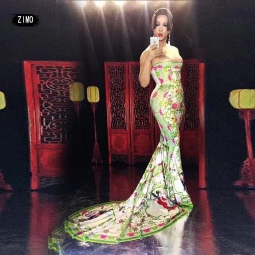 Chinese Style Printed Traditional long Dress Women Sexy birthday Singer party Dress Performance Outfit Dance Costume Stage Show