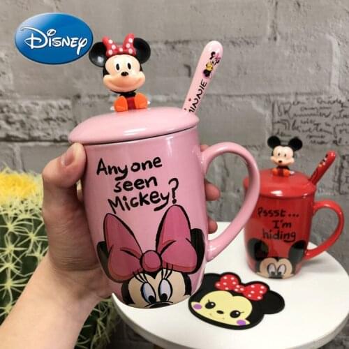 Disney Mickey Minnie Mug with Lid Cartoon Cute Girl Boy Super Cute Water Cup Ceramic Mug Large Capacity