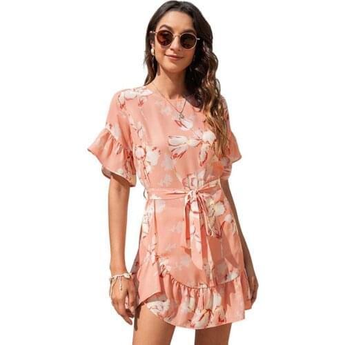 Summer Dress Women Print Floral Lotus Leaf Mini Dresses High Waist Loose Lace O-Neck Short Sleeve Ladies Holiday Party Dress