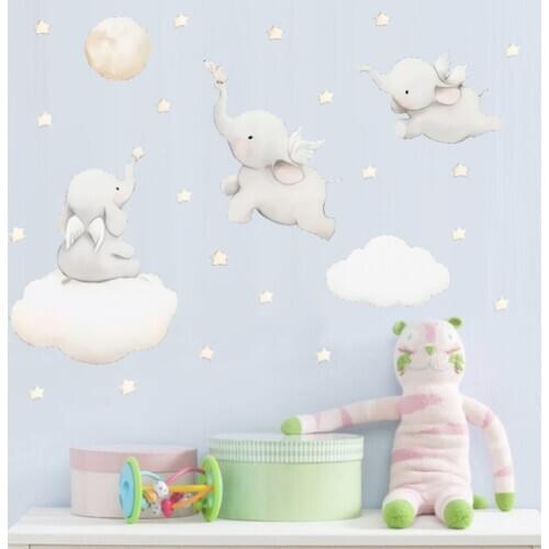 Cute Elephant With Wings Wall Stickers Self-Adhesive Stickers Cute Kids Baby Room Decor Wall Elephant Decortive Stickers