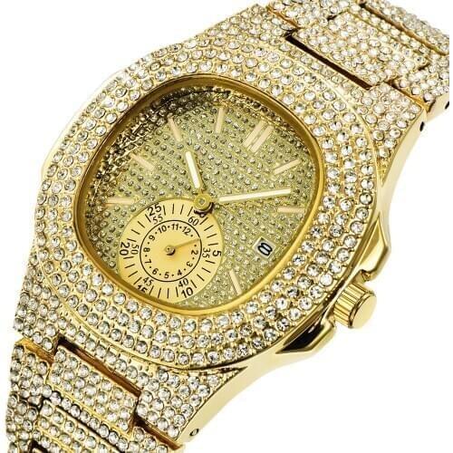 Hip Hop Mens Luxury Brand Watches Fashion Alloy Band Diamond Date Business Quartz Vintage Watch Reloj Hombre Acero Inoxidable