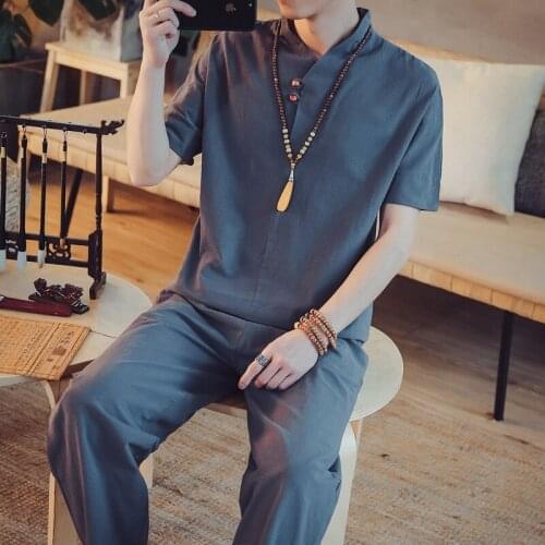 Male Two Piece Set Chinese Style Mens Tops Tang Suit Linen Short Sleeve Traditional Kung Fu China Style Hanfu Shirt +Pants 31183
