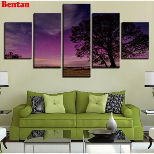 5 PCS 5D DIY Square/Round Diamond Painting Tree And Purple Sky Night Scene Diamond Embroidery Mosaic Rhinestone Decoration