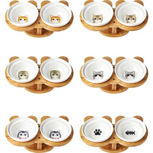 New High-end Pet Bowl Bamboo Shelf Ceramic Feeding and Drinking Bowls for Dogs Cats Double Bowls Pet Feeder Accessories