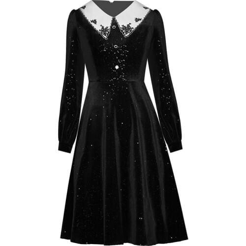 Newest HIGH QUALITY Fashion 2021 Embroidered Contrast Lapel Lantern Long Sleeve Shiny Velvet Dress