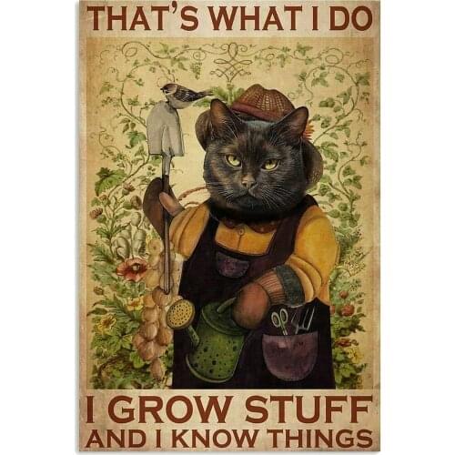 Cat I Grow Stuff and I Know Things for Men Women Poster Metal Tin Sign Iron Painting Home Family Lovers Gift Funny Metal Signs