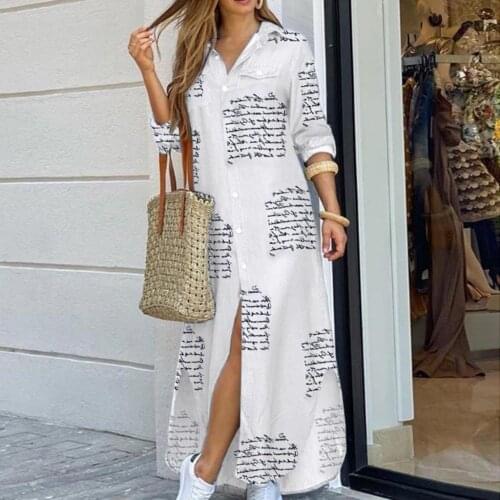 40# Letter Print Shirt Dress Women Long Dress Long Sleeve Pocket Button Shirt Dress Vintage Long Dresses Casual Loose Vestidos