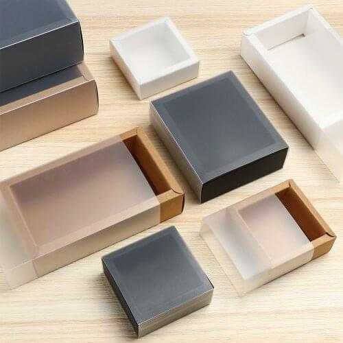 10PCS Hard Kraft Paper Gift Box With PVC Transparent Window Drawer Display Card Food Biscuits Package Case Black/Brown/White