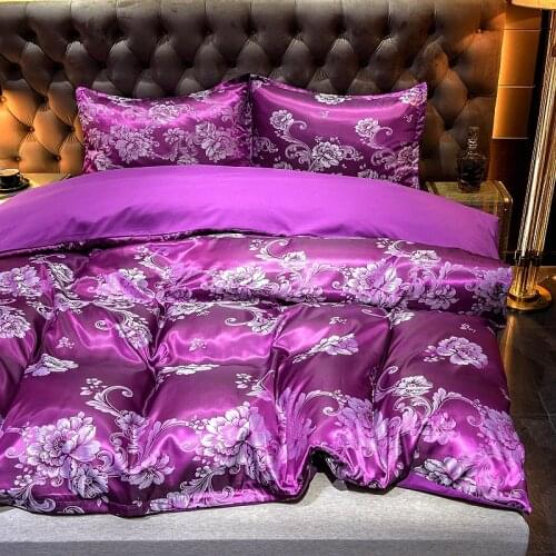 Luxury Duvet Cover Set Jacquard Soft Satin Silky Comforter/quilt Pillowcase Set 3 Pieces With Zipper Seal, Purple Home Textile