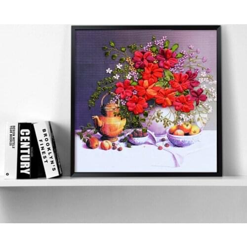 Needlework DIY Red Flower Ribbon Embroidery kit Homemade Decorative Painting Cross Stitch handwork Home Decor Wall Accessories