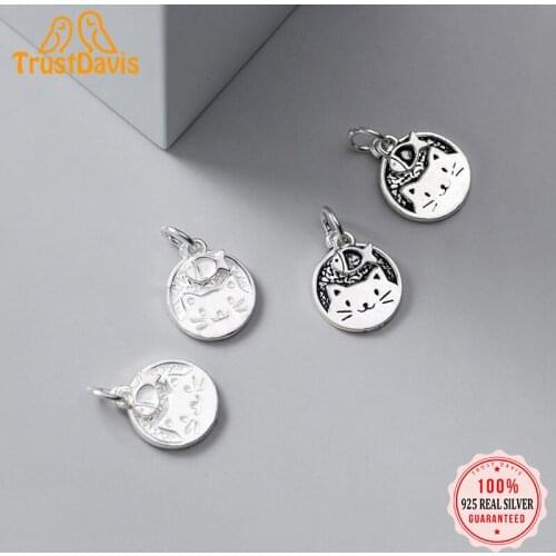 Trustdavis Real 925 Sterling Silver Fashion Sweet 13mm Round Cat Charm Pendant Handmade DIY Accessories Jewelry Wholesale DZ160