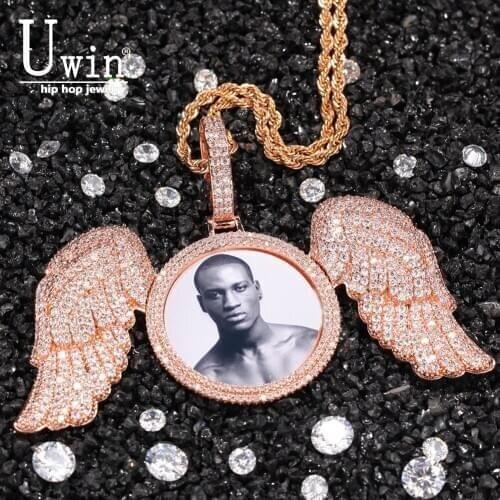 Uwin Custom Photo Necklace With Angel Wings Men Charm Micro Pave Cubic Zirconia Iced Out Jewelry For Gift Tennis Chain