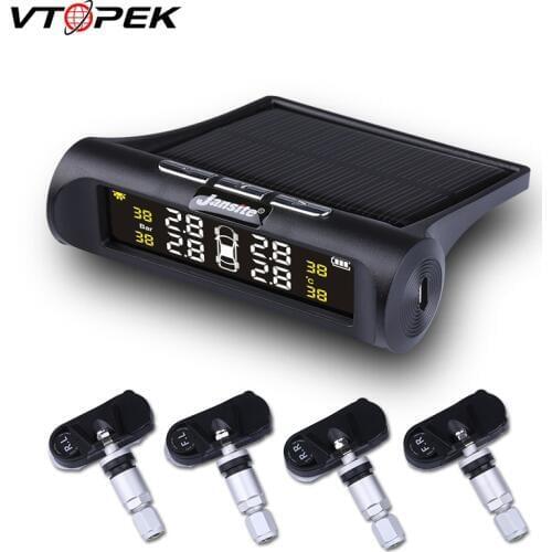 Vtopek Smart Car TPMS Wireless Tire Pressure Monitoring System Solar Charging LCD Display Auto Alarm Systems with 4 Sensors